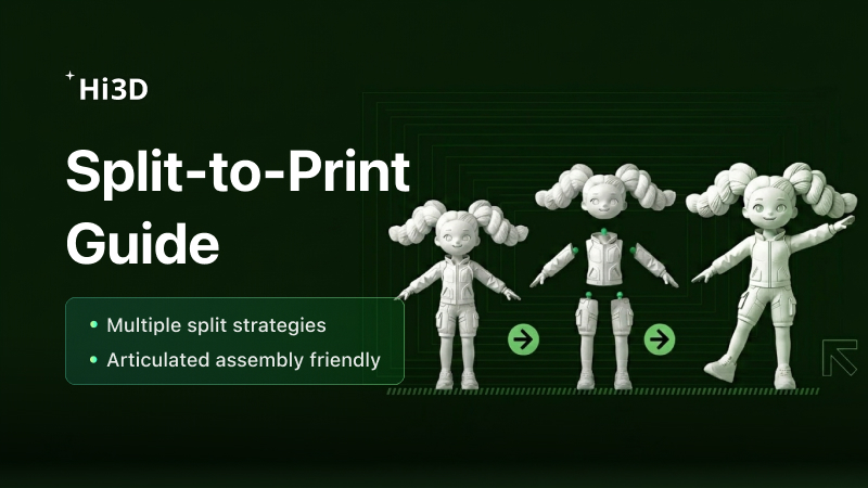 Hi3D Split-to-Print Guide, demonstration of 3D model splitting and connector generation