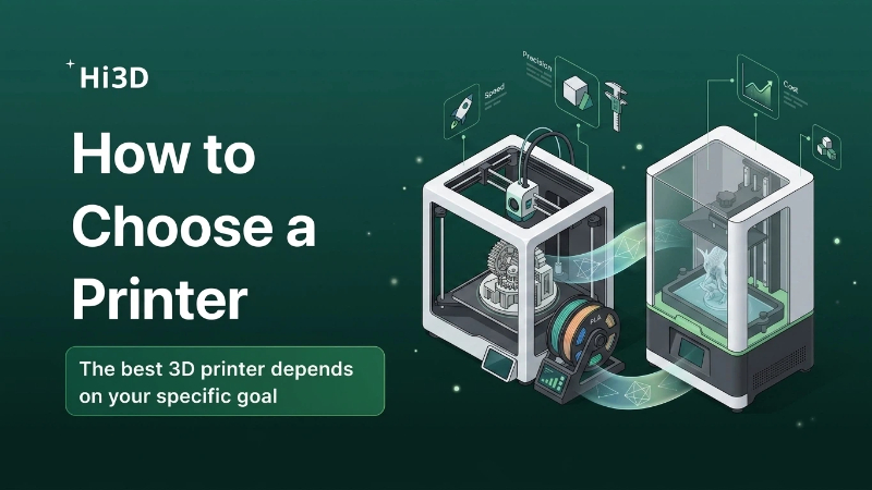 A decision guide infographic showing how to choose a 3D printer based on project type: functional parts and cosplay props go to FDM printing, miniatures and figurines go to resin printing, with popular printer models including Bambu Lab A1, Elegoo Saturn, and Prusa MK4S