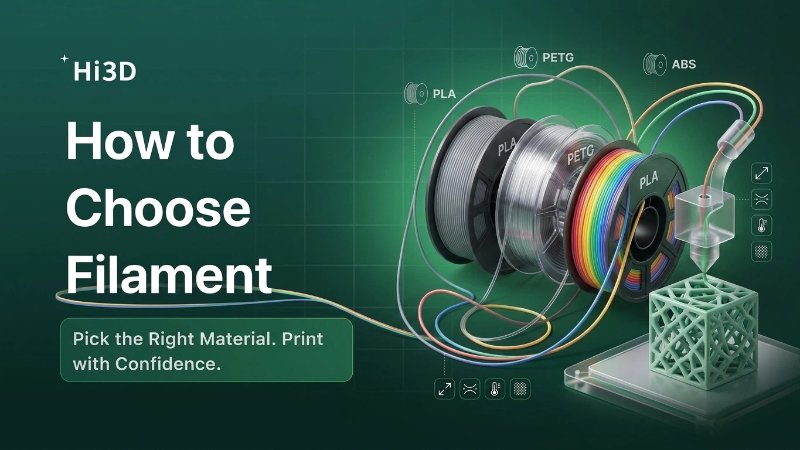 How to choose 3D printer filament infographic: PLA for beginners, PETG for strength, TPU for flexibility, ASA for outdoors, plus filament storage and quality warnings
