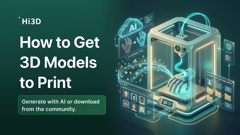 How to get 3D models infographic: download, learn modeling, commission, or AI generate — plus Hi3D workflow for faster printing preparation