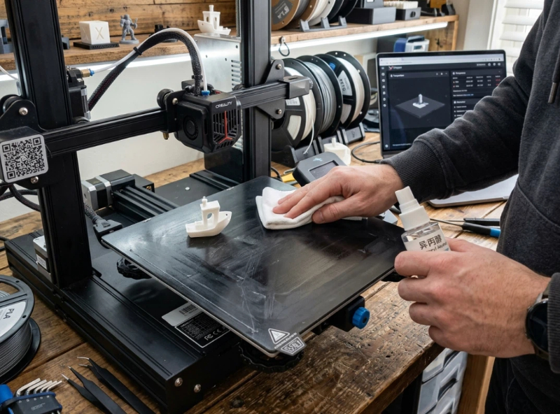 Cleaning 3D printer build plate with isopropyl alcohol and lint-free cloth to remove invisible fingerprints and improve first layer adhesion