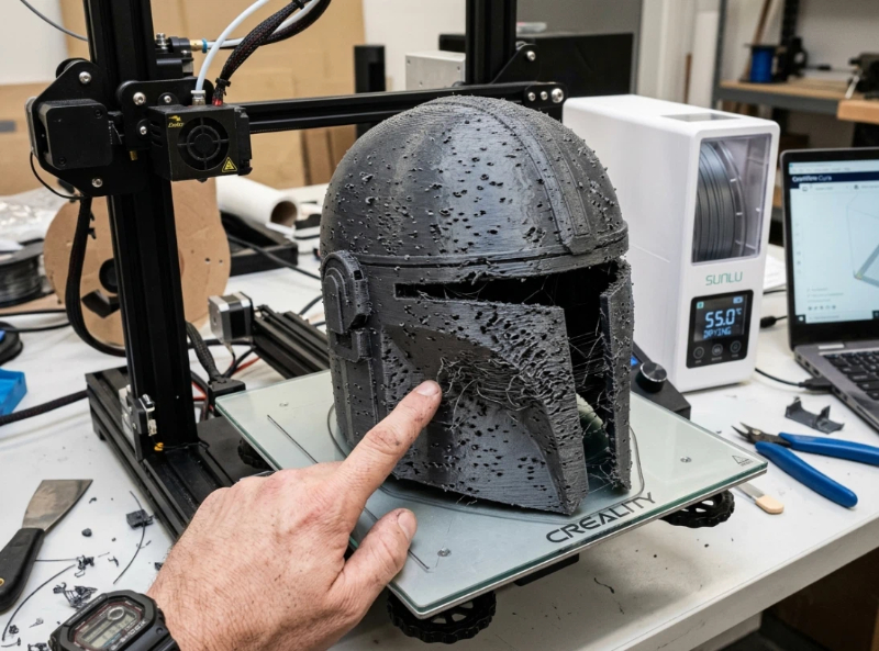 Wet filament symptoms during 3D printing: popping bubbles and steam escaping from hot nozzle, causing excessive stringing and rough surface texture