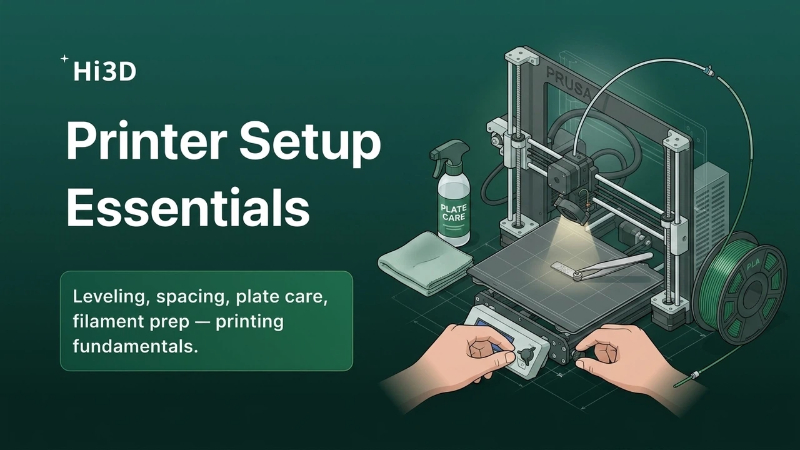 3D printer setup essentials infographic: bed leveling, nozzle spacing, build plate cleaning, and filament drying