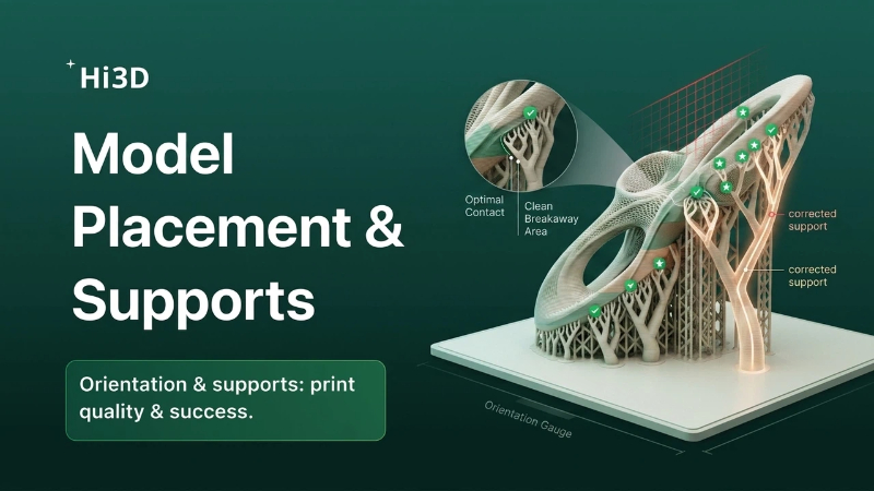 3D print orientation and supports infographic: proper placement improves strength, surface quality, and success rates