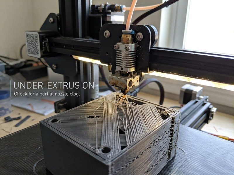 Partially clogged 3D printer nozzle showing uneven extrusion with thin layers, gaps in walls, and inconsistent filament flow