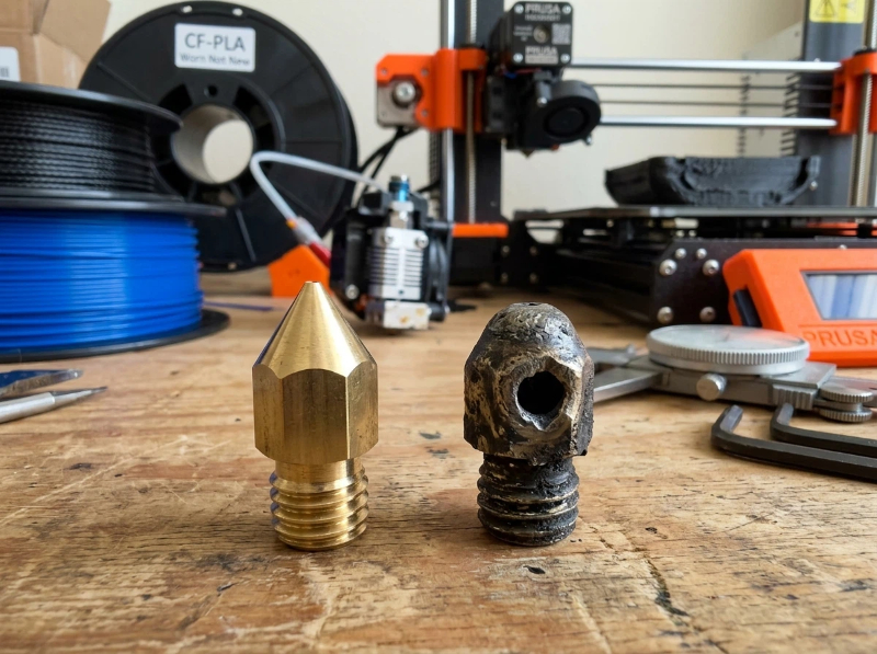 Worn brass nozzle vs new nozzle comparison: carbon fiber PLA and abrasive filaments cause nozzle opening to enlarge, softening details and reducing print accuracy