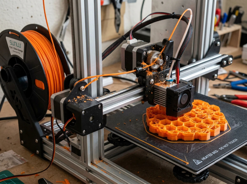 Extruder drive gear with accumulated filament dust and worn teeth causing clicking sounds and grinding filament instead of feeding smoothly