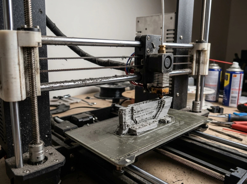 Lubricating linear rails and lead screws on a 3D printer with recommended lubricant to reduce wear and maintain dimensional accuracy