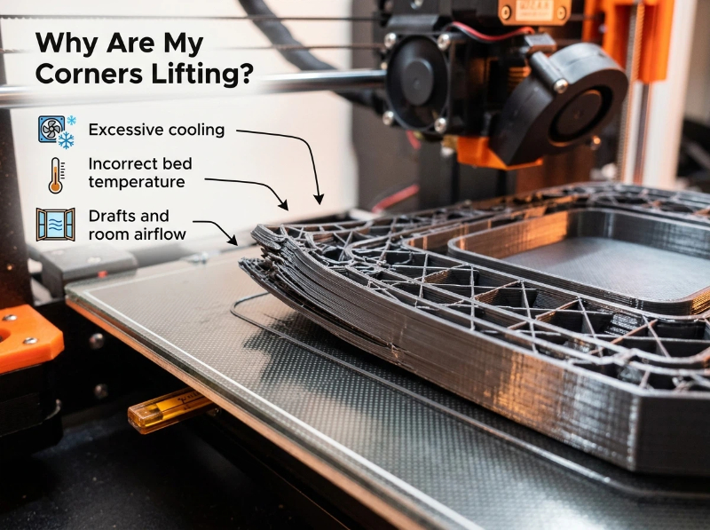 3D print warping showing corners lifting from build plate after several layers, caused by excessive cooling or incorrect bed temperature