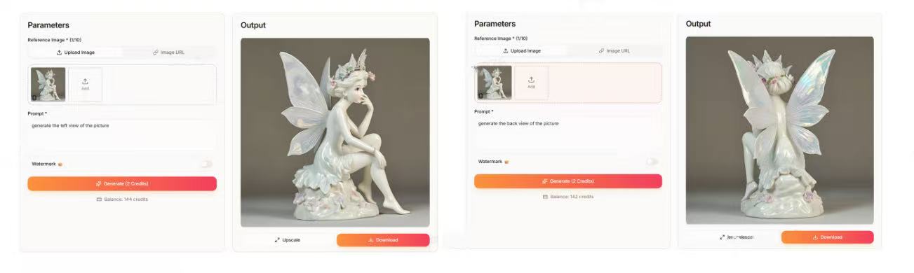 Hitem3D generating left and back views of a fairy figurine from a single image to reconstruct a complete 3D model