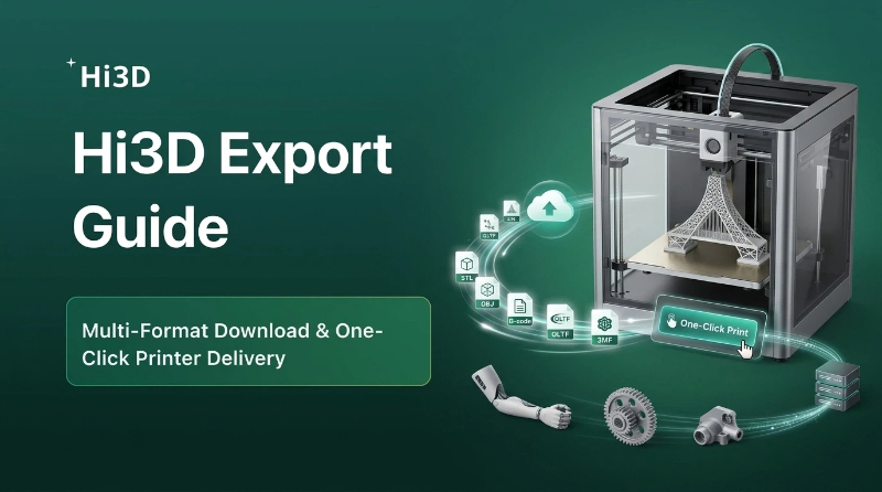 Hi3D Studio export dropdown menu showing all supported 3D file formats