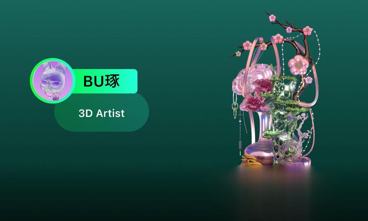 BU Zhu's Neo-Chinese Cyberpunk 3D artwork — overlapping Buddha statues and ancient architecture sliced by golden light, created with Hi3D and Blender