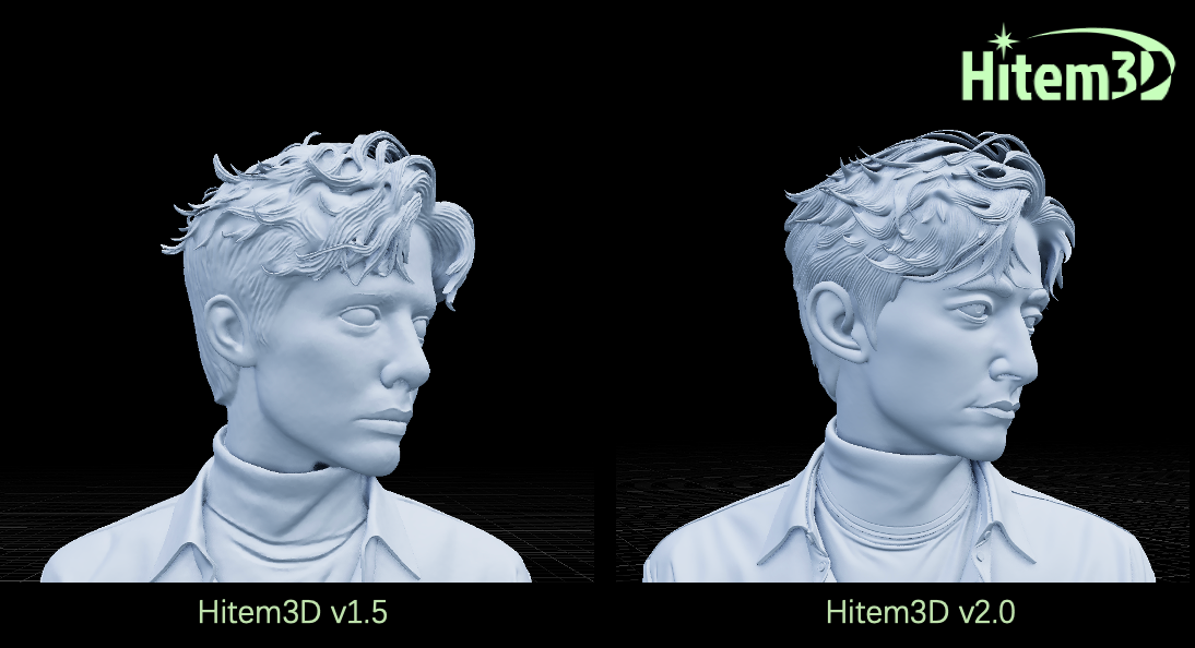 Hitem3D v1.5とv2.0の比較：ストランドレベルの髪と顔の精度