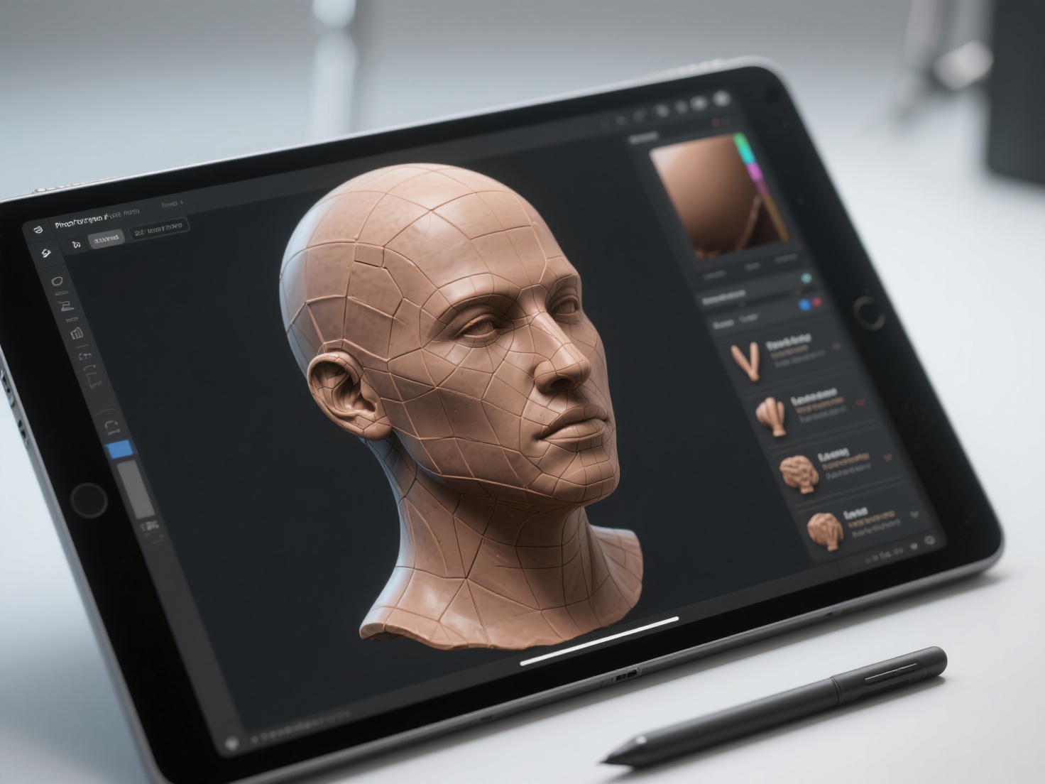 Photorealistic 3D render of digital sculpting workspace with human bust and sculpting tools