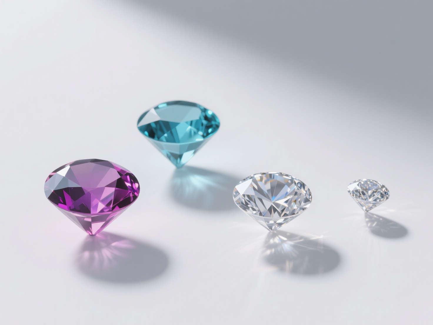 Detailed 3D render showing four Cs of gemstones_ cut, color, clarity, and carat with isolated stones