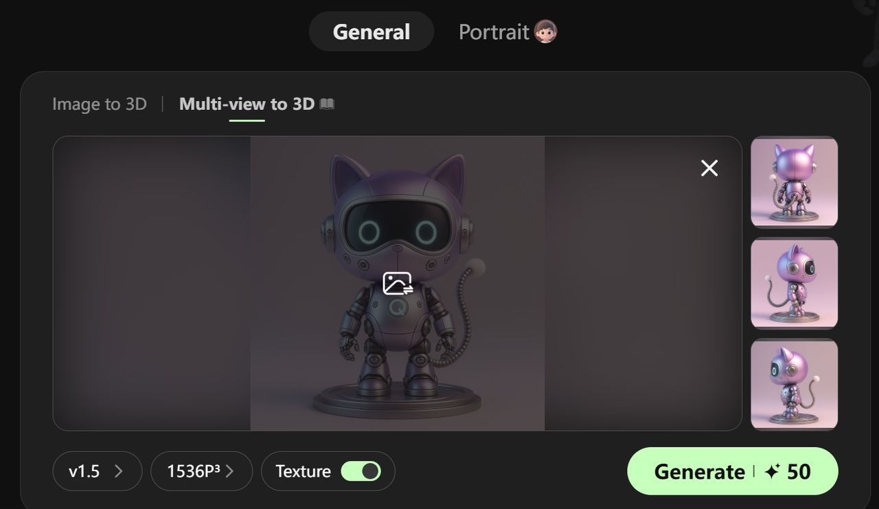 Multi-view images of a robot cat used to generate a high-fidelity 3D model with clean geometry and PBR textures in Hitem3D