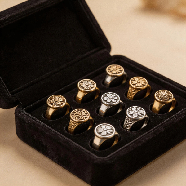 vintage-floral-signet-rings-set-in-black-velvet-jewelry-box-gold-and-silver-flower-engraved-rings-collection
