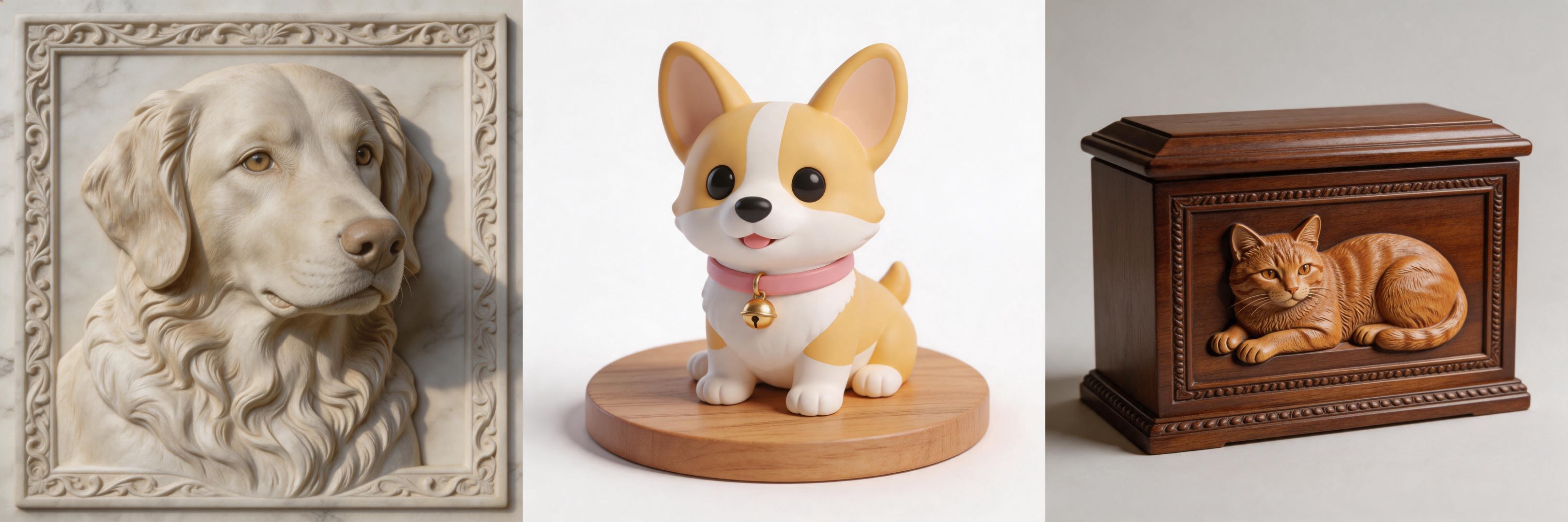 Custom 3D pet products: relief portrait, toy figurine, memorial urn