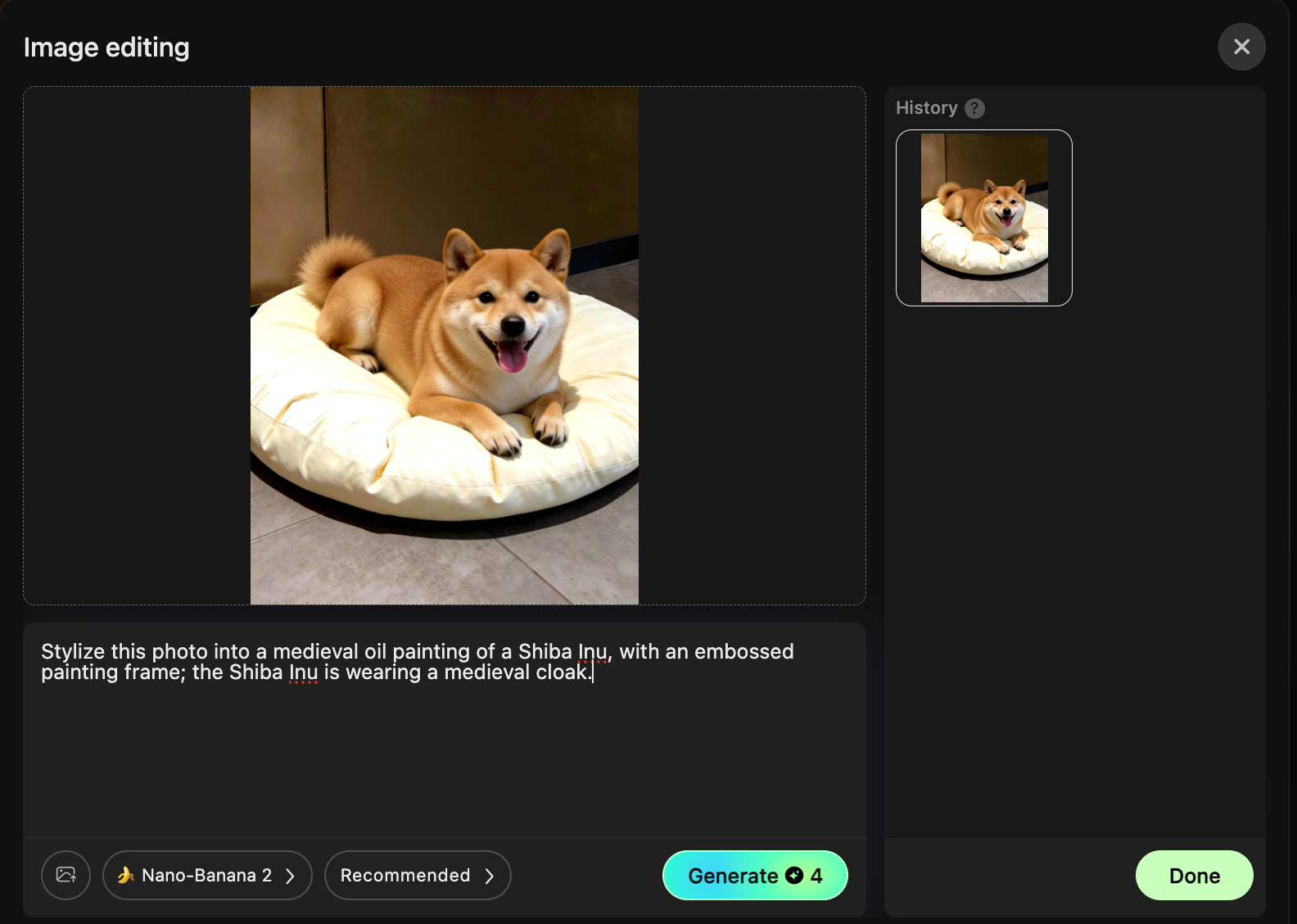 Hi3D Shiba Inu medieval oil painting style editing interface