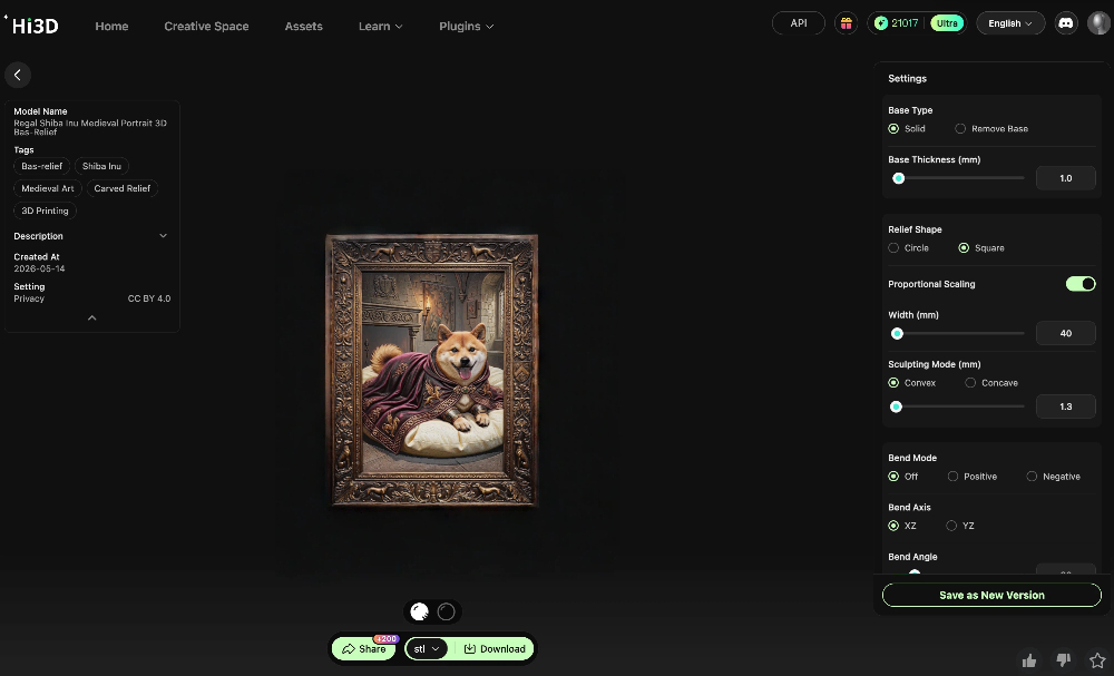 Hi3D Shiba Inu medieval portrait 3D relief model preview