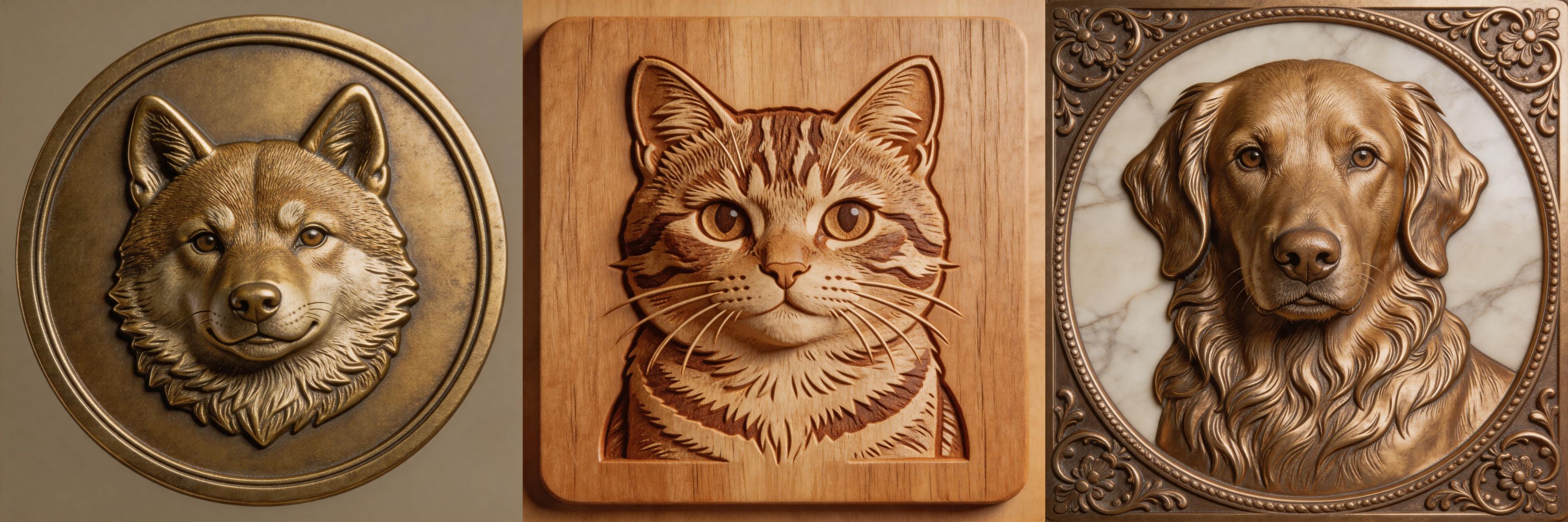 3D pet relief art collection: dog and cat carved portraits
