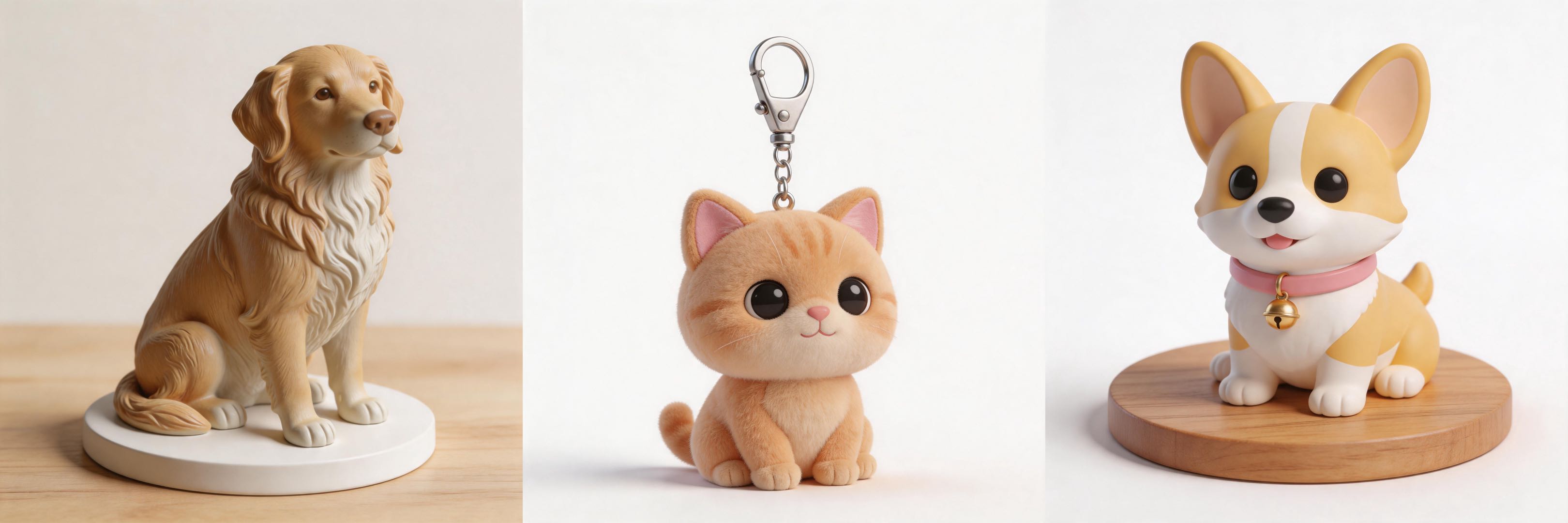 3D pet collectibles set: dog figurine, cat keychain, corgi toy