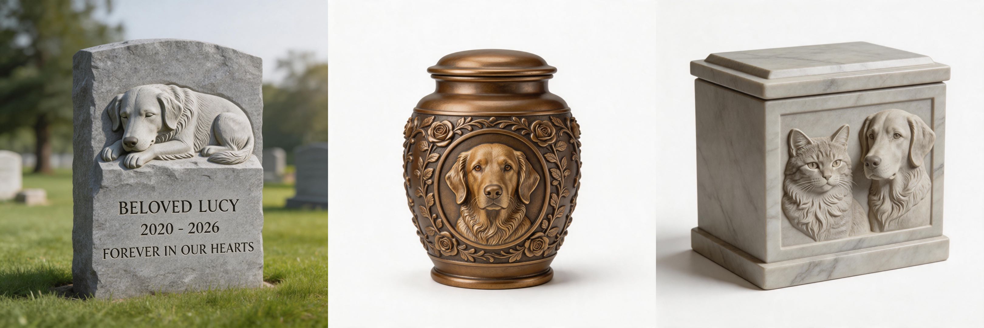 Pet memorial collection: tombstone, urn, and cremation box with animal reliefs