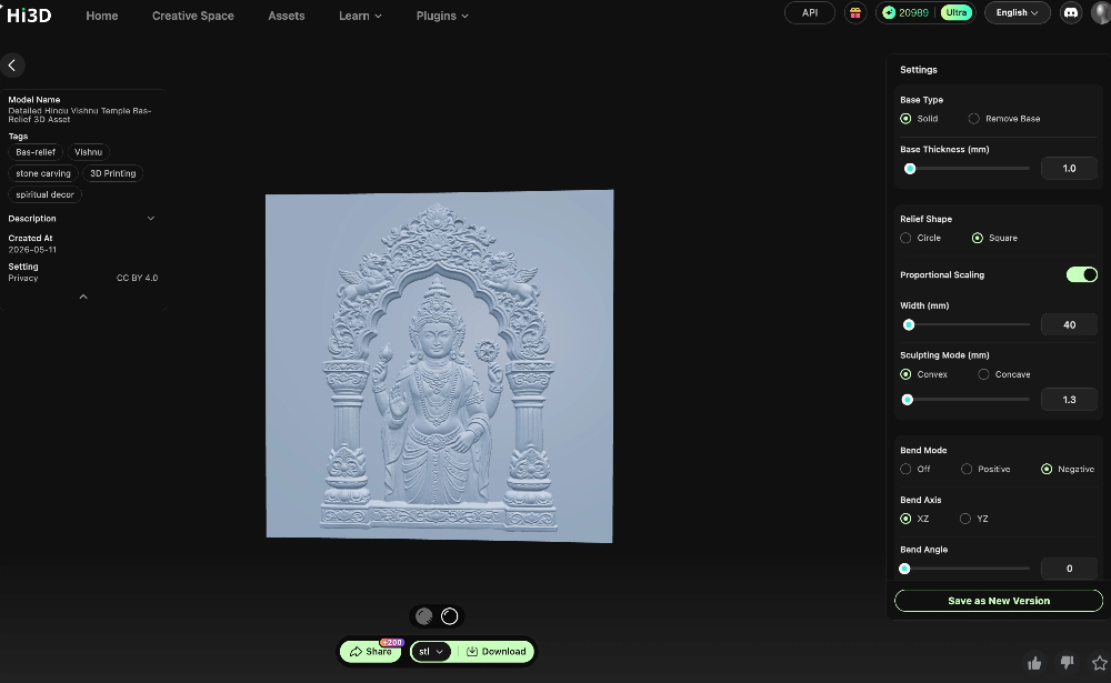 Hi3D Hindu Vishnu temple bas-relief 3D model editor
